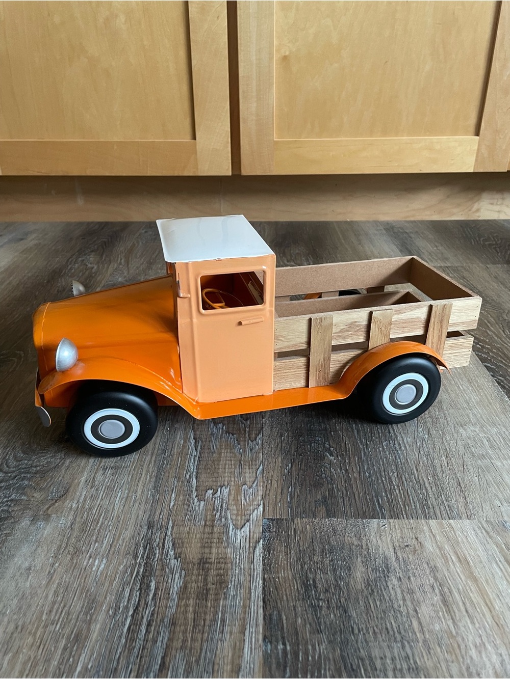 Farmhouse Metal Truck with Wooden Trailer In Orange And White 15” House Decor